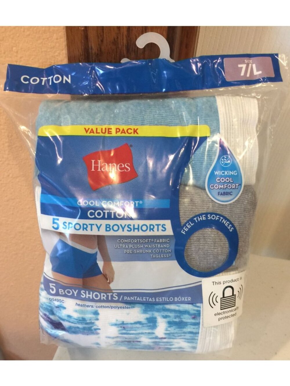 Hanes Ladies 7/L Sporty Boy Shorts Set of 5 Blue Gray White Cool Comfort Cotton